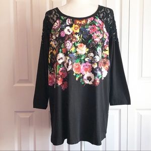 Roaman's Black Multi Floral Print Lace Inset Knit Tunic Top 14/16